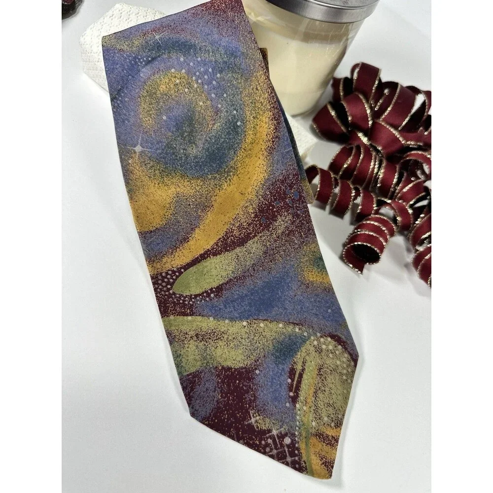Krizia Uomo Italy Silk Tie Abstract Celestial Galaxy Print Purple Gold Blue MCM